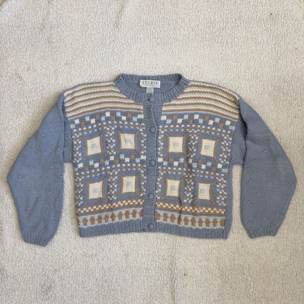 90s Vintage‎ Cottagecore Grandma Geometric Knit Cardigan Sweater Ramie Cotton